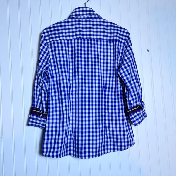 J. McLaughlin Women 12 Check Plaid White Blue Button Down Cotton Casual Shirt - Picture 6 of 8